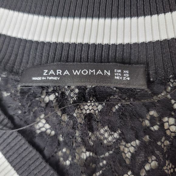 Zara Woman Long Lace Sweatshirt V Neck  Black White Long Sleeve‎ Size XS - Picture 3 of 6